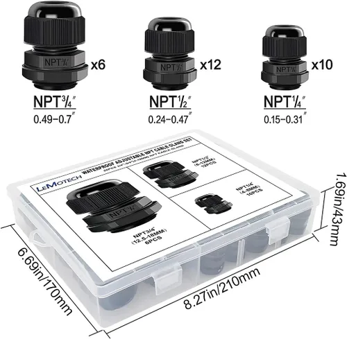 Vista 76 de LeMotech Paquete de 5 prensaestopas NPT de 1-1/4 pulgadas, impermeables, ajustables, conectores de cable de 0.945-1.260 in, juntas de nailon negro