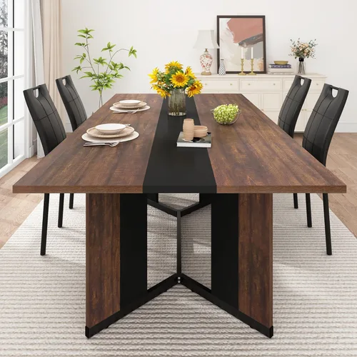 Vista 6 de Juego de mesa de comedor de 7 piezas con 6 sillas acolchadas para 4 y 6 personas, juegos de mesa de cocina de madera grande de 71 pulgadas con mesa