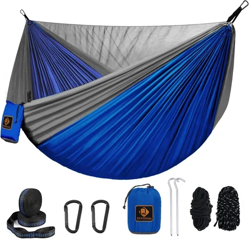 Vista 10 de Hamaca de campamento, hamacas portátiles con mosquitera, hamaca de paracaídas de nailon ligera con correas de árbol de 10 pies, equipo de campamento