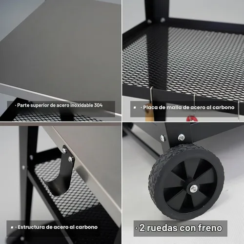 Vista 4 de LEETOLLA Carrito de parrilla de acero inoxidable para exteriores con ruedas, mesa de preparación de barbacoa de 3 niveles resistente para horno