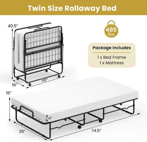 Vista 3 de Giantex Cama plegable individual con colchón, cama portátil enrollable con marco de metal resistente, cama plegable que ahorra espacio con colchón