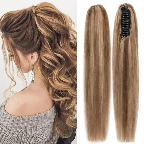 Vista 18 de Extensión de Cola de Caballo con Clip de Garra, Extensión de Cola de Caballo 100% Cabello Humano, Sin Enredos y Suave, 105g, 14 Pulgadas #Rubio