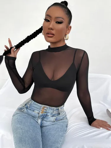 Vista 3 de Floerns Top transparente de manga larga con brasier para mujer