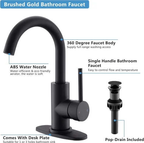 Vista 4 de Grifo de Baño Negro Grifos de Tocador Negro Mate con Desagüe Pop-Up, Grifos Modernos de Lavabo de Baño de Un Solo Orificio con Placa de Cubierta