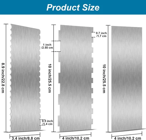Vista 2 de 3 Pieces Stainless Steel Cake Scraper 10 Inch and 9 Inch Large Double Sided Patterned Edge Stripe Edge Smoother Scraper Cake Decorating Comb Pastry