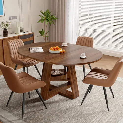 Vista 34 de Aivermel - Juego de mesa de comedor extensible redonda a ovalada para 4 a 6, mesa de cocina de madera con almacenamiento oculto y sillas tapizadas