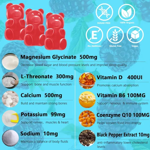 Vista 2 de Gomitas de glicinato de magnesio de 500 mg con L-treonato, vitamina D, B6, potasio y CoQ10 Fórmula compleja sin azúcar para una mejor calidad