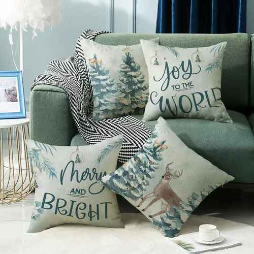 Vista 6 de Juego de 4 fundas de almohada de Navidad de 18 x 18 pulgadas, decoración de Navidad, árbol de Navidad, renos, fundas de cojín de casa de campo