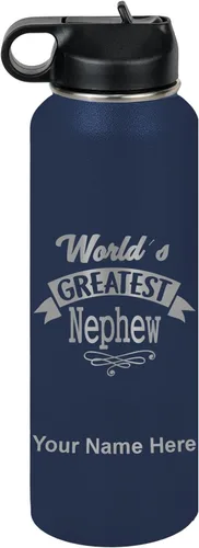 Vista 64 de LaserGram Personalized Water Bottle, World's Greatest Nephew, Stainless Steel Double Wall Vacuum Insulated with Flip Top Straw, Custom Engraved Gift