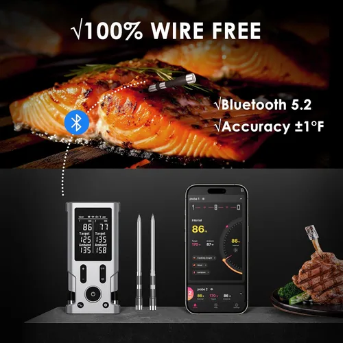 Vista 2 de Termómetro inalámbrico para carne, termómetro de cocina Bluetooth de 800 pies, 2 sondas ultrafinas, pantalla LCD, termómetro digital de alimentos