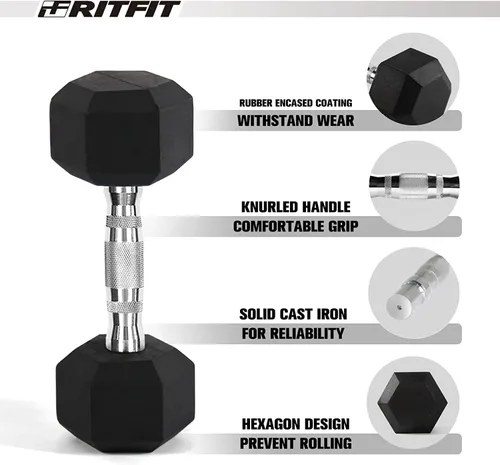 Vista 4 de RITFIT Rubber Hex Dumbbells Set with Rack, 180-780LB Heavy-Duty Cast Iron Core, Knurled Chrome Handle, Space-Saving Storage Rack for Home Gym