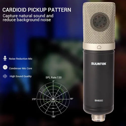 Vista 5 de SUUNTOK Micrófono de condensador XLR, kit de micrófono cardioide profesional de diafragma grande para grabación con montaje de choque, para estudio