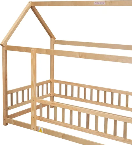 Vista 64 de Bellemave Cama Montessori de madera con valla y techo para niños, marco de cama individual para niños, niñas (individual, blanco)