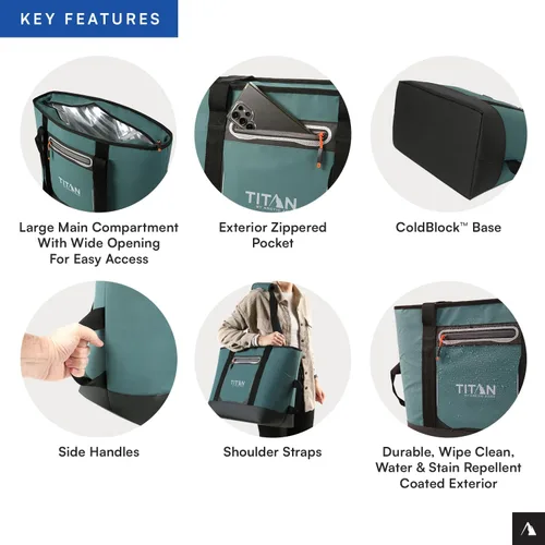 Vista 5 de Titan by Arctic Zone Soft Sided Cooler Tote, Insulated Bag with Handle, Shoulder Strap, and Zipper for Lunch, Picnic, and Travel, 30 Can Capacity