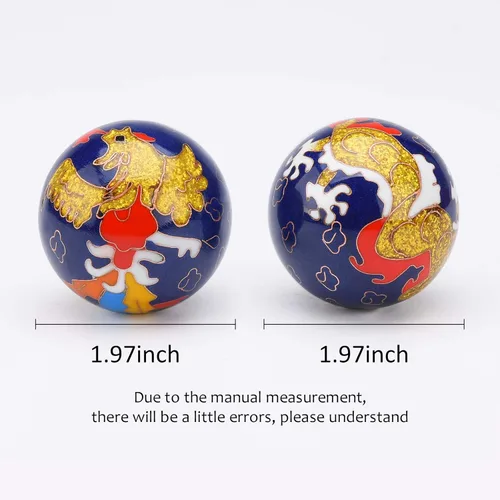 Vista 2 de BRABUD Bolas de Baoding de 1.97 pulgadas para ejercicio de mano, bolas de estrés con campanillas, patrón de dragón y fénix, bolas azules con caja