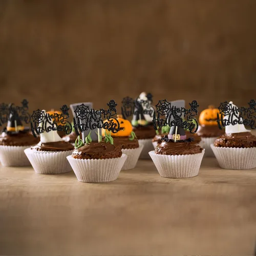 Vista 6 de Ephlyn 24 adornos negros para tartas de Halloween con purpurina fantasma Negro Halloween