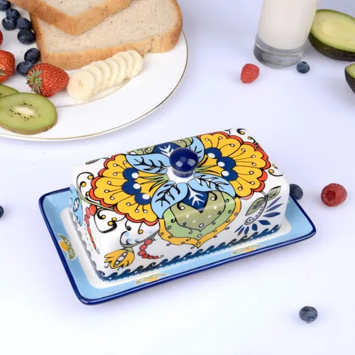 Vista 2 de NAGU Mantequillera de cerámica dibujada a mano con tapa, bandeja de mantequilla de granja con tapa, soporte para contenedor de queso vintage