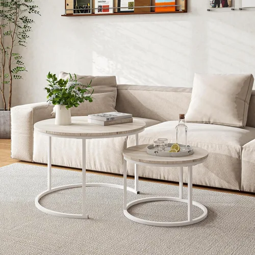 Vista 3 de HOJINLINERO Juego de Mesa de Centro Redonda de 2 Mesas Auxiliares para Sala de Estar, Mesa de Centro Blanca Moderna Mesas Anidadas, Mesas de Sala