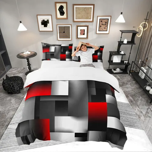 Vista 23 de Funda de edredón cuadrada azul, juego de ropa de cama de cuadrícula gris y blanca, funda de edredón moderna para decoración de habitación de niños