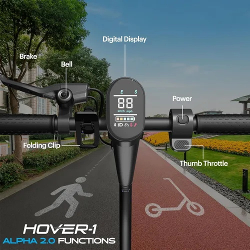 Vista 4 de Hover-1 Alpha 2.0 Foldable Electric Scooter with 450W Brushless Motor, 18 mph Max Speed, 10” Air-Filled Tires and 12 Mile Range