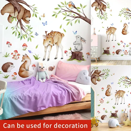 Vista 3 de Calcomanías de pared extraíbles de animales de la selva 3D, ramas de árbol verde, ciervo, oso, conejo, calcomanías de pared, bricolaje, despegar