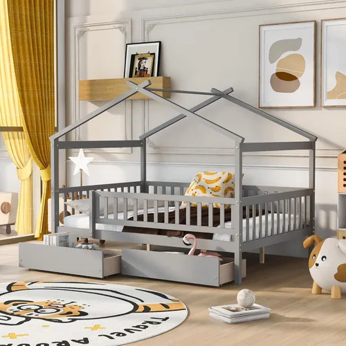 Vista 17 de Cama de madera de tamaño individual con dos cajones y techo, cama de plataforma con 2 cabeceros, para dormitorio de niños, adolescentes, niñas