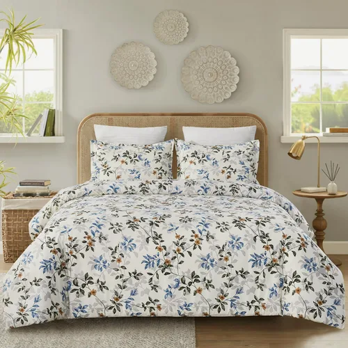 Vaulia Funda de edredón floral de microfibra suave, tamaño Queen, estampado botánico de hojas azules, diseño reversible ligero y transpirable, juego