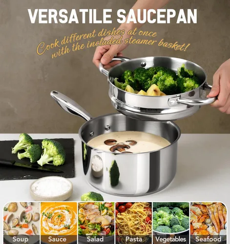 Vista 2 de MICHELANGELO Cacerola de acero inoxidable con tapa y vaporera, sartén de 3 cuartos de galón con tapa, olla de vapor con boquilla de vertido, olla
