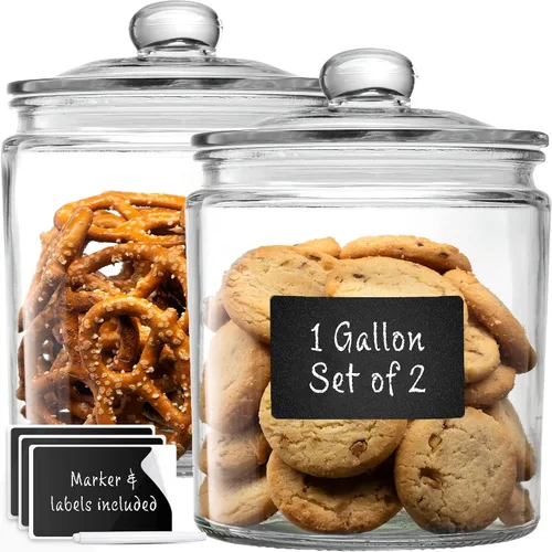 Frascos de vidrio para galletas de 1 galón + etiquetas y marcador - Juego de 2 conjuntos de recipientes para mostrador de cocina con tapas
