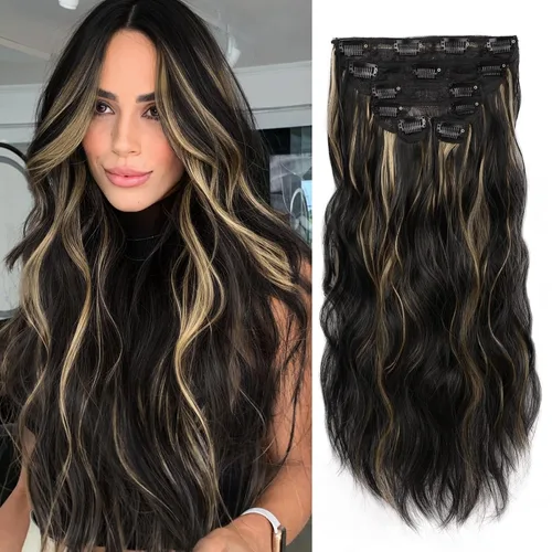 Vista 8 de WECAN Extensión de cabello con clip, de 20 pulgadas, mezcla de rubio ceniza y rubio decolorado, 6 piezas, extensiones de cabello largo ondulado