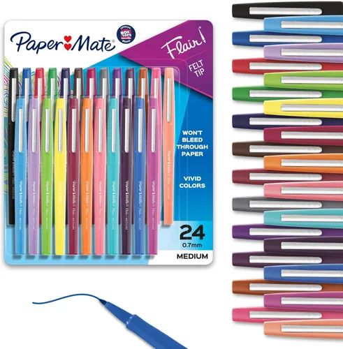 Paper Mate Flair - Bolígrafos de punta de fieltro de punta media, resistentes a manchas, tinta a base de agua, colores surtidos, 24 unidades