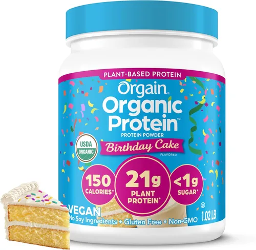 Orgain - Proteína vegana orgánica en polvo, pastel de cumpleaños - 21g de proteína a base de plantas, 7g de fibra prebiótica, bajo en carbohidratos