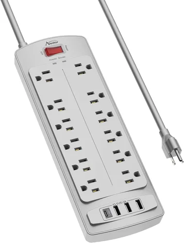 Vista 12 de ALESTOR - Regleta de enchufes con protector contra sobretensiones, 12 tomas de corriente y 4 puertos USB, cable de extensión de 6 pies