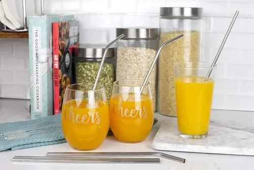 Vista 4 de Home Basics 10 popotes reutilizables de acero inoxidable con 2 cepillos de limpieza, color plateado