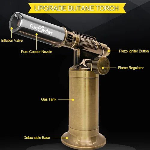 Vista 3 de FunOwlet Encendedor de butano recargable, sopletes de soldadura de metal de alta calidad con llama de precisión ajustable para cocina culinaria