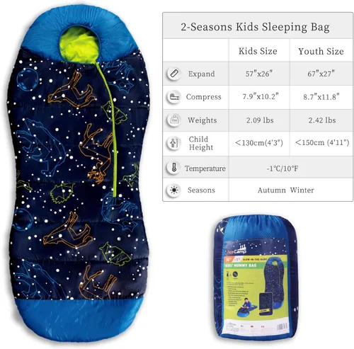 Vista 3 de AceCamp Saco de dormir para mamá que brilla en la oscuridad para niños y jóvenes, clasificación de temperatura de 30 °F, -33.8 °F, resistente al