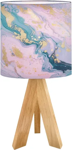 Vista 9 de Tripod Bedside Desk Table Lamp Minimal Fluid Gradient Blurred Wave Pastel Color Earth Tone Green Pink Wood Nightstand Lamp with Linen Fabric Shade