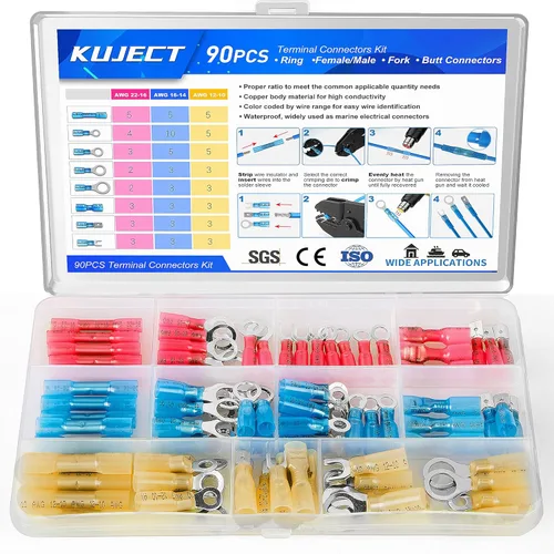 Kuject 90 piezas conectores de alambre termorretráctiles, kit de terminales de cable eléctrico impermeables multiusos, conectores de crimpado
