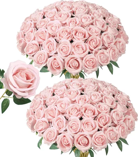 HyeFlora 50 rosas artificiales con tallos, rosas artificiales realistas para ramos de boda, mesas, centros de mesa, arreglos de fiesta, baby shower,