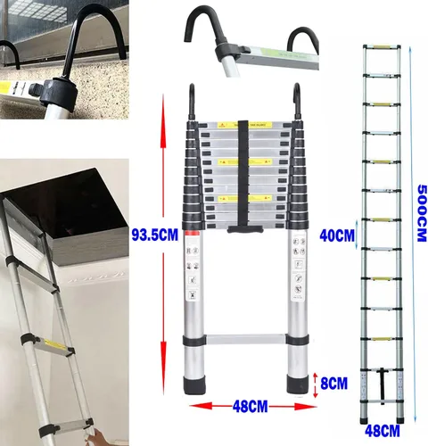Vista 4 de Escalera telescópica de aluminio de 16.4 pies, escalera telescópica de extensión de 16.4 ft con botón de gancho desmontable, retracción, resistente
