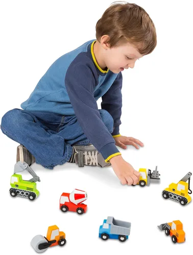 Vista 2 de Melissa & Doug – de madera de construcción sitio Vehículos con bandeja de almacenamiento de madera (8 Pcs)