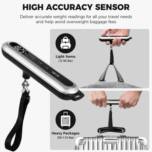 Vista 5 de Báscula de equipaje de viaje, báscula digital de maleta de 110 libras, báscula de peso portátil, báscula de equipaje de mano de acero inoxidable