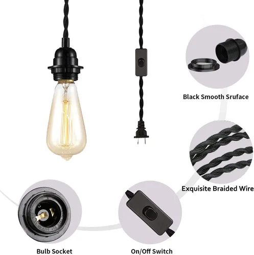 Vista 4 de Cable de luz colgante negro de 15 pies con enchufe para bricolaje, estilo granja, vintage, para colgar en el techo, kit de cable de cuerda de cáñamo
