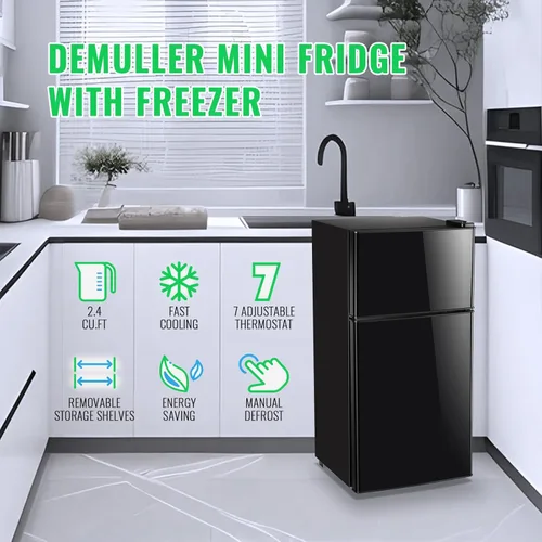 Vista 6 de DEMULLER Mini Refrigerador de 2.4 Pies Cúbicos con Congelador y Doble Puerta, Refrigerador Pequeño de Tamaño Compacto con Perilla de Control