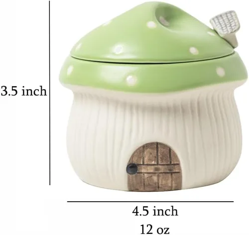 Vista 6 de Sizikato Olla de condimentos de porcelana con tapa y cuchara, cuenco de sal de 12 onzas para cocina, forma de casa de hongos