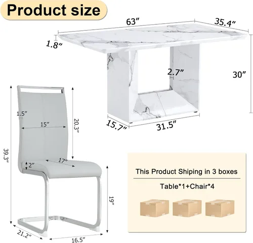 Vista 3 de MUUOKY Juego de mesa de comedor de 63 pulgadas para 4, mesa de cocina y sillas para 4, mesa de mármol sintético blanco y 4 sillas modernas de piel