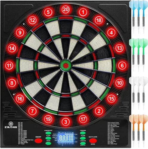 Vista 9 de Diana electrónica Ekaronis con 34 juegos, 355 variaciones con 12 dardos, diana iluminada, almacenamiento para 12 dardos