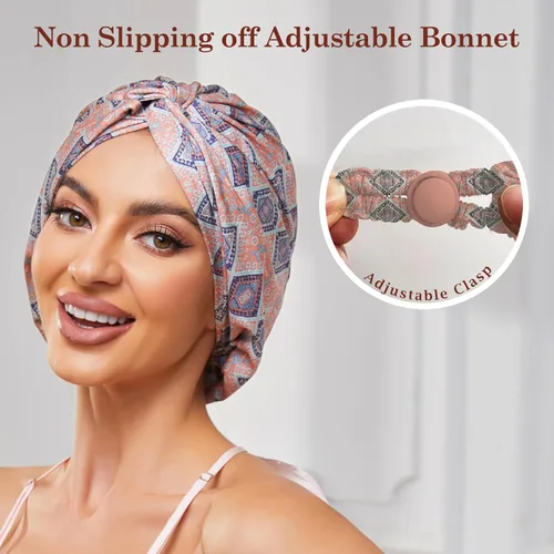 Vista 105 de Gorro de satén de seda ajustable para envolver el cabello para dormir, gorro de dormir de doble capa, turbante nocturno para cabello largo y rizado