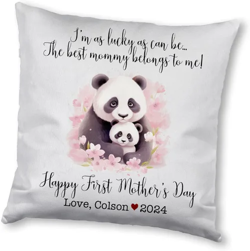 Vista 12 de Funda de almohada personalizada para el primer día de la madre, diseño de panda con niños, funda de almohada personalizada para el día de la madre