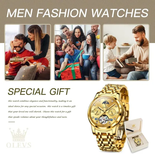 Vista 6 de OLEVS Relojes automáticos para hombre, impermeable, vestido de lujo, cuerda automática, esqueleto mecánico, tourbillon, fase lunar, acero